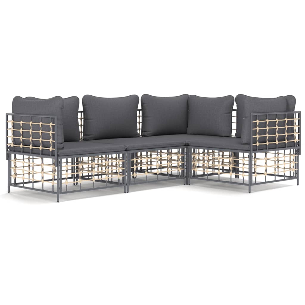 4-Delige Loungeset Met Kussens Poly Rattan Antracietkleurig Donkergrijs 3x hoek + midden