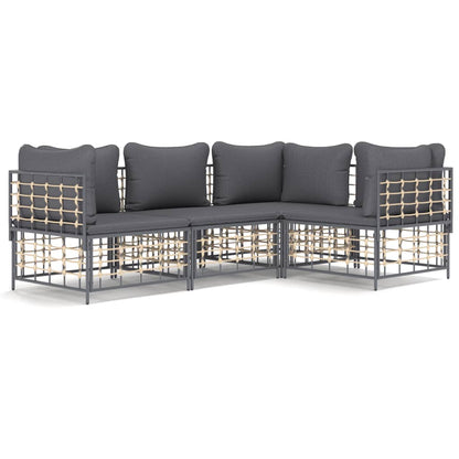 4-Delige Loungeset Met Kussens Poly Rattan Antracietkleurig Donkergrijs 3x hoek + midden