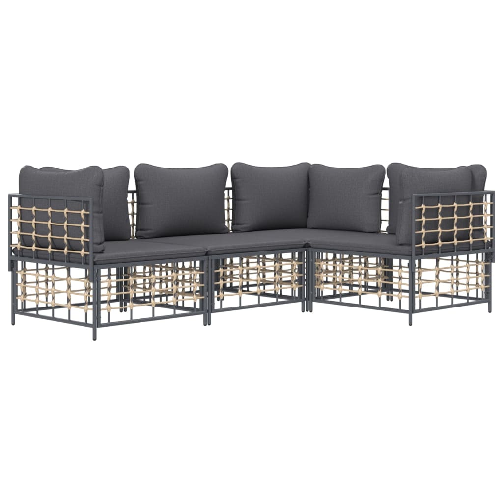 4-Delige Loungeset Met Kussens Poly Rattan Antracietkleurig Donkergrijs 3x hoek + midden