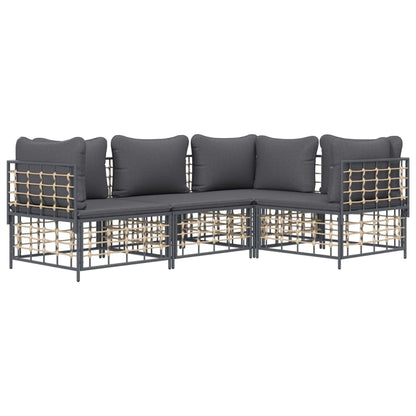 4-Delige Loungeset Met Kussens Poly Rattan Antracietkleurig Donkergrijs 3x hoek + midden