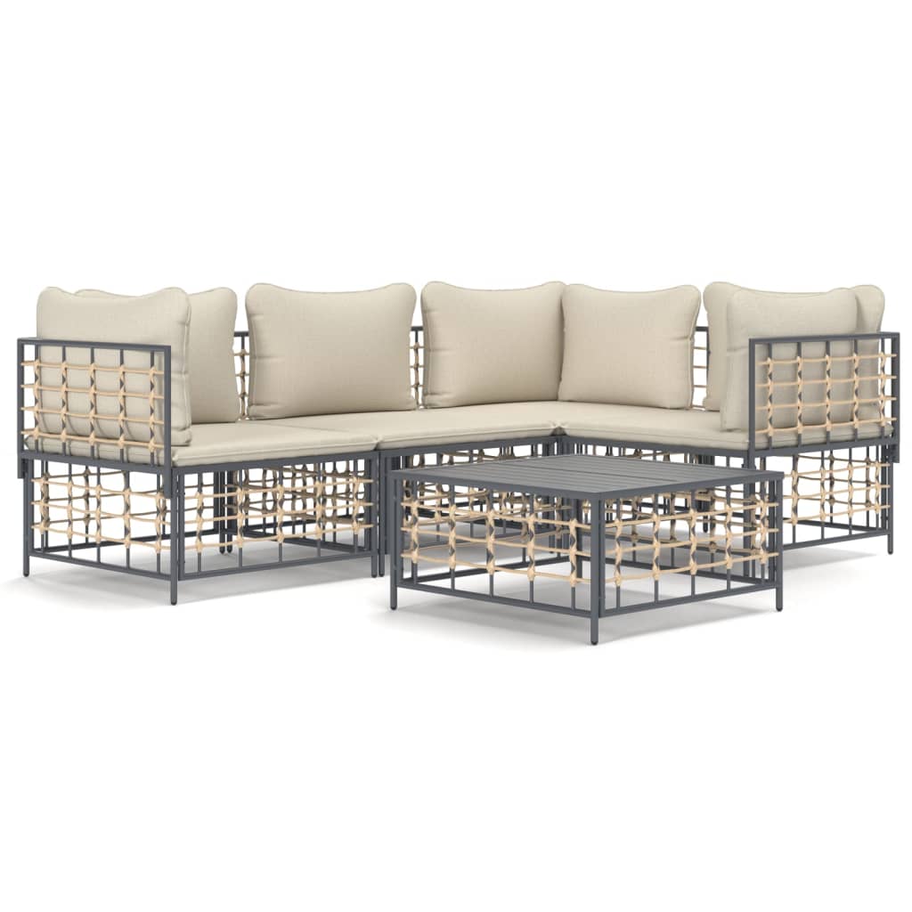5-Delige Loungeset Met Kussens Poly Rattan Antracietkleurig Beige 3x hoek + midden + Tafel