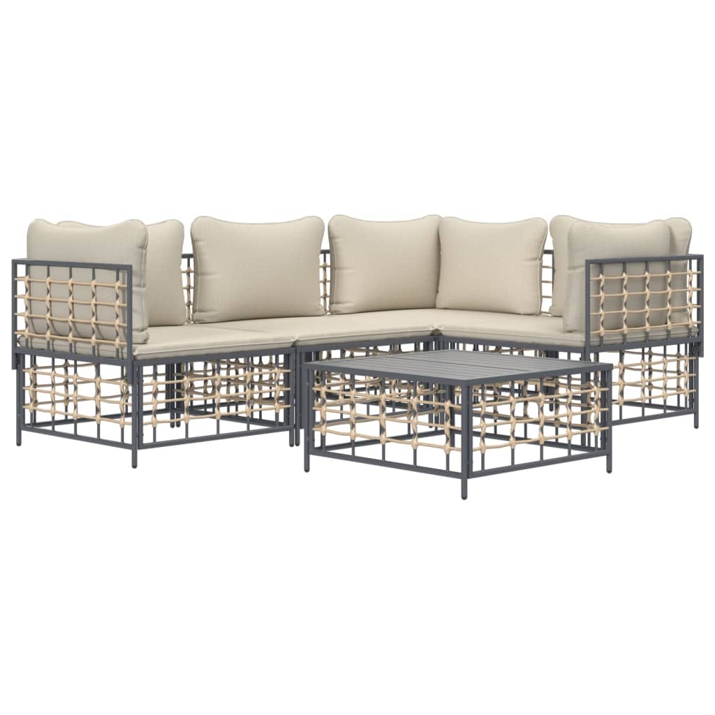 5-Delige Loungeset Met Kussens Poly Rattan Antracietkleurig Beige 3x hoek + midden + Tafel