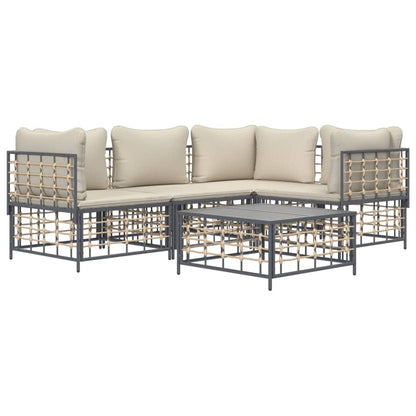 5-Delige Loungeset Met Kussens Poly Rattan Antracietkleurig Beige 3x hoek + midden + Tafel