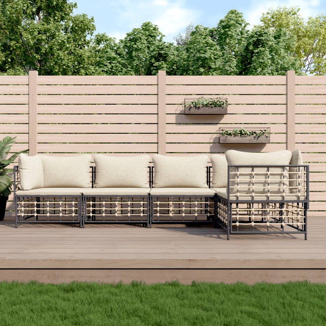 5-Delige Loungeset Met Kussens Poly Rattan Antracietkleurig Beige 3x hoek + 2x midden