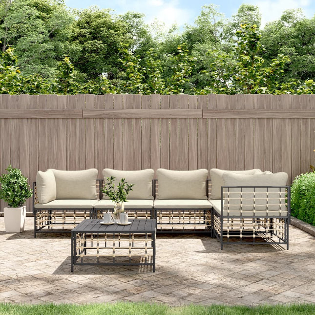 6-Delige Loungeset Met Kussens Poly Rattan Antracietkleurig Beige 3x hoek + 2x midden + Tafel