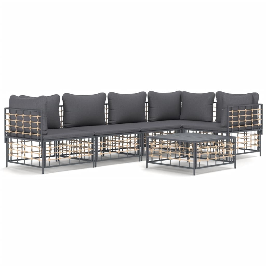 6-Delige Loungeset Met Kussens Poly Rattan Antracietkleurig Donkergrijs 3x hoek + 2x midden + Tafel