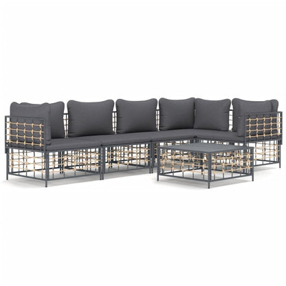6-Delige Loungeset Met Kussens Poly Rattan Antracietkleurig Donkergrijs 3x hoek + 2x midden + Tafel