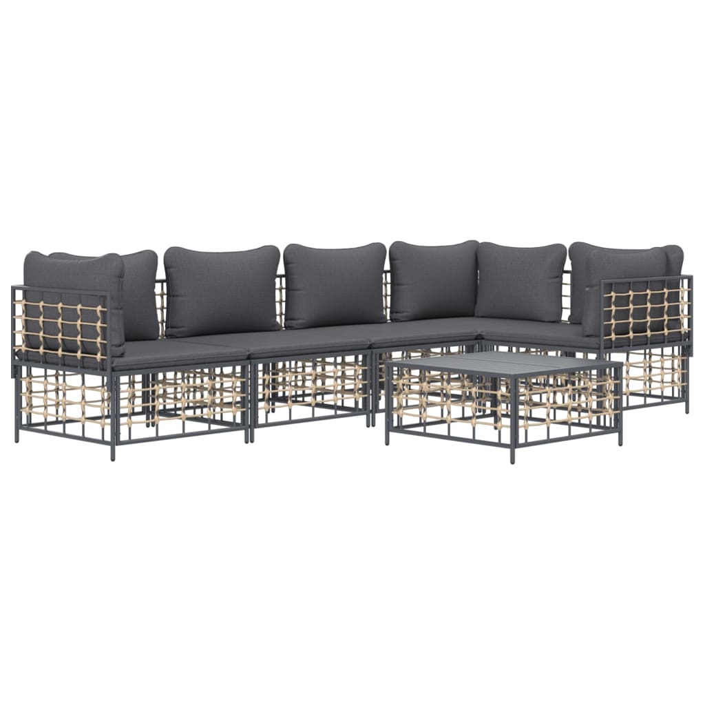 6-Delige Loungeset Met Kussens Poly Rattan Antracietkleurig Donkergrijs 3x hoek + 2x midden + Tafel