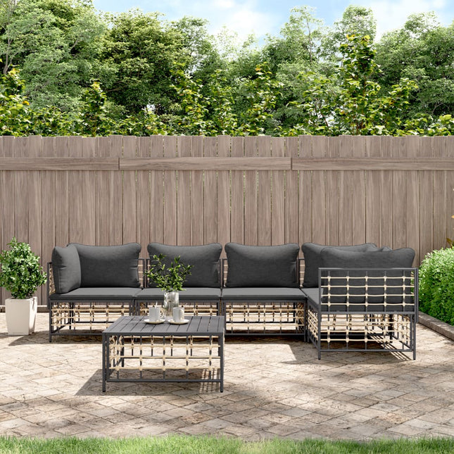 6-Delige Loungeset Met Kussens Poly Rattan Antracietkleurig Donkergrijs 3x hoek + 2x midden + Tafel