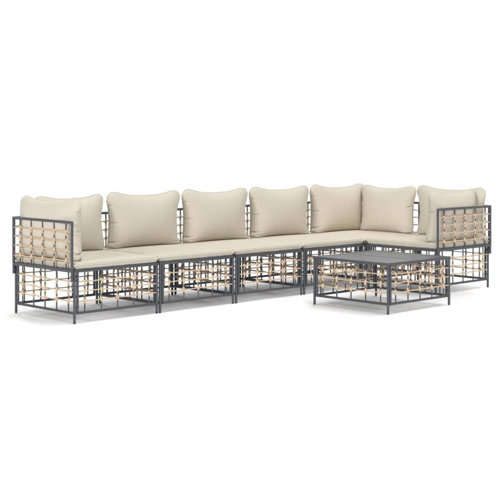 7-Delige Loungeset Met Kussens Poly Rattan Antracietkleurig Beige 3x hoek + 3x midden + Tafel