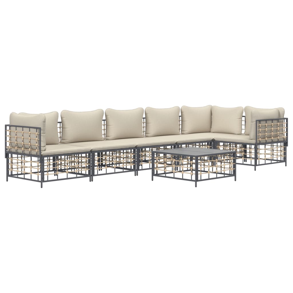 7-Delige Loungeset Met Kussens Poly Rattan Antracietkleurig Beige 3x hoek + 3x midden + Tafel