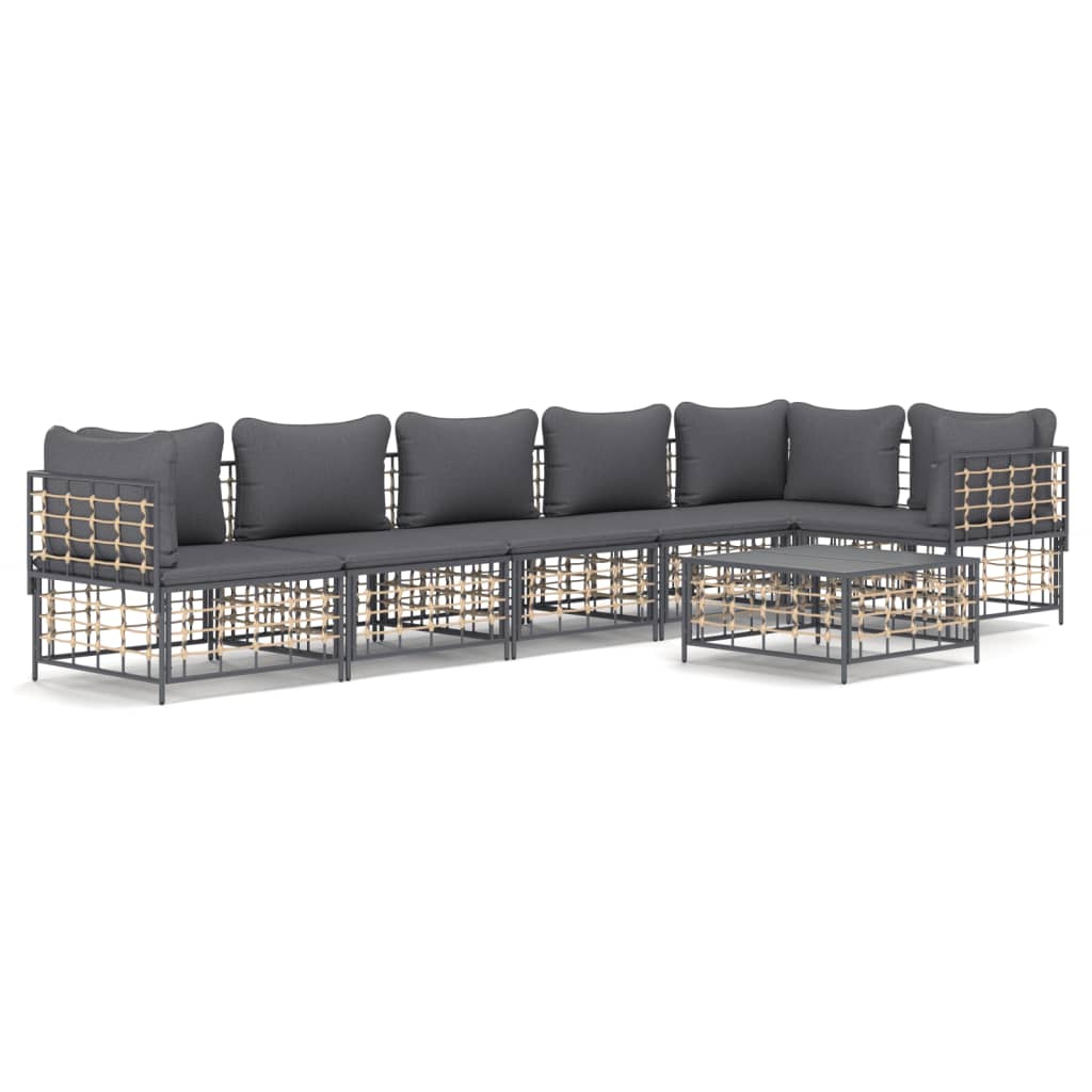 7-Delige Loungeset Met Kussens Poly Rattan Antracietkleurig Donkergrijs 3x hoek + 3x midden + Tafel