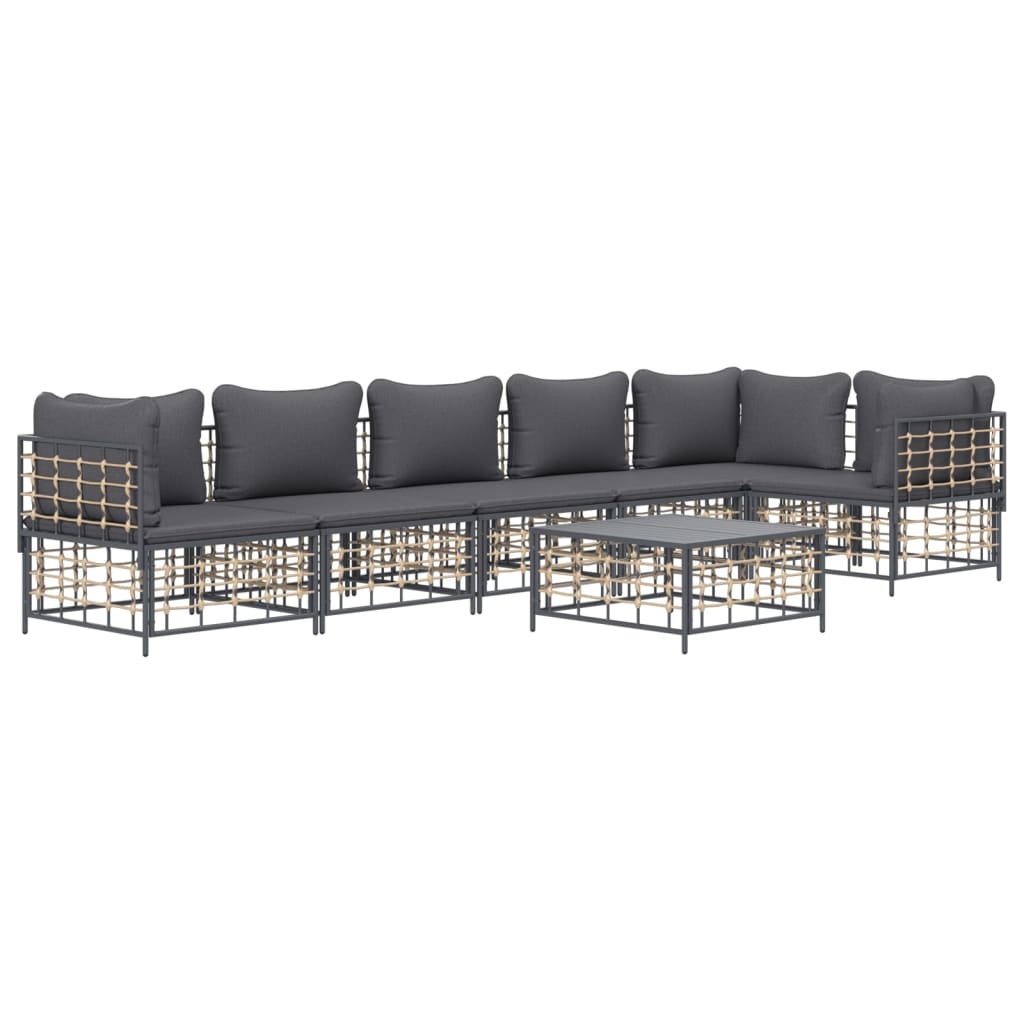 7-Delige Loungeset Met Kussens Poly Rattan Antracietkleurig Donkergrijs 3x hoek + 3x midden + Tafel