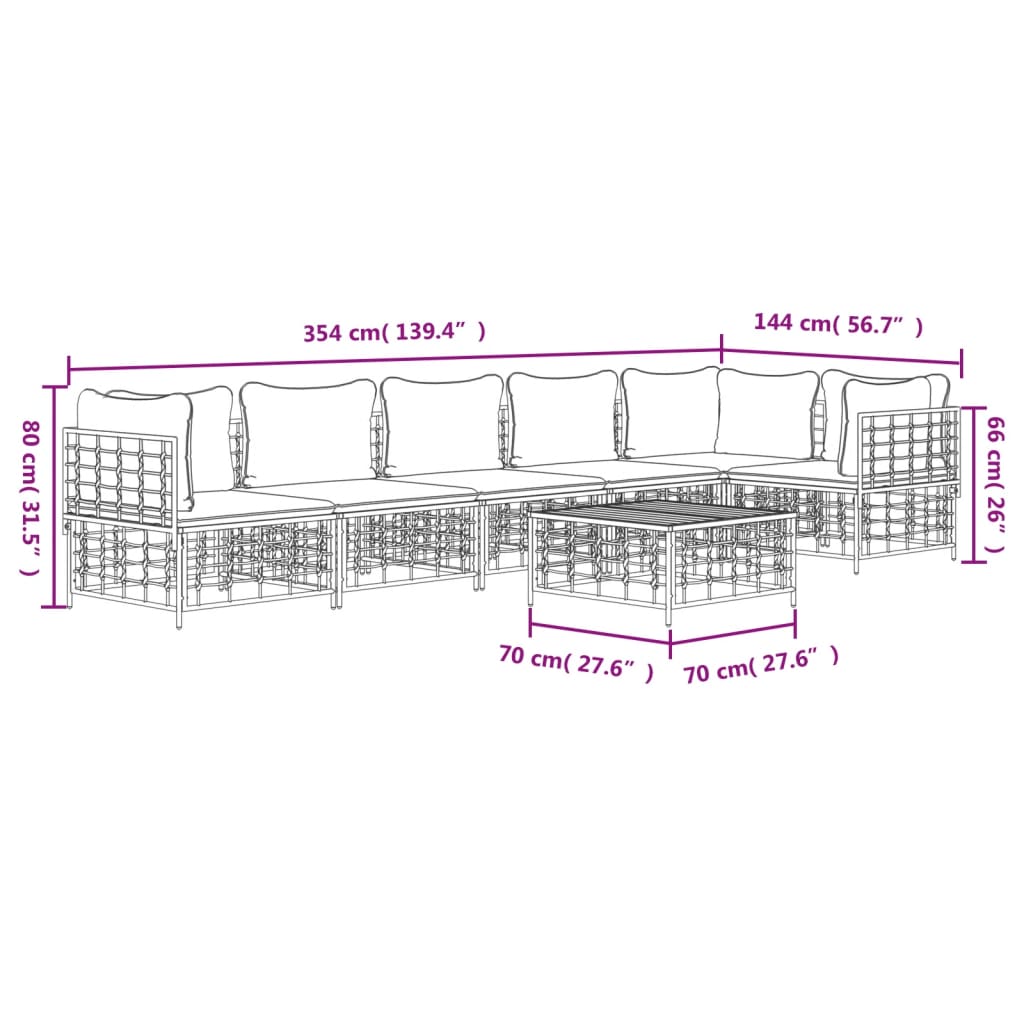 7-Delige Loungeset Met Kussens Poly Rattan Antracietkleurig Donkergrijs 3x hoek + 3x midden + Tafel