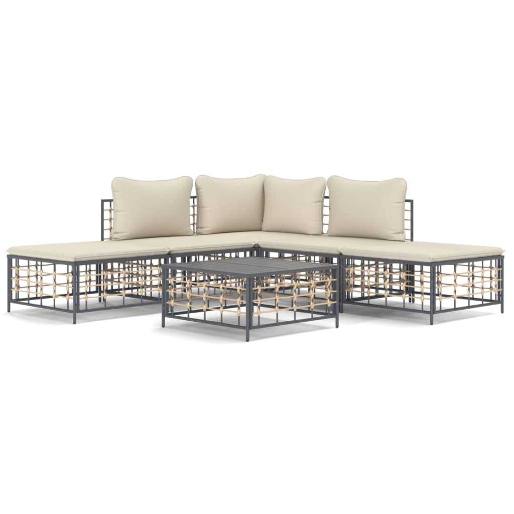 6-Delige Loungeset Met Kussens Poly Rattan Antracietkleurig Beige hoek + 2x midden + 2x voetensteun + Tafel