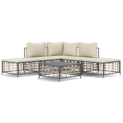6-Delige Loungeset Met Kussens Poly Rattan Antracietkleurig Beige hoek + 2x midden + 2x voetensteun + Tafel