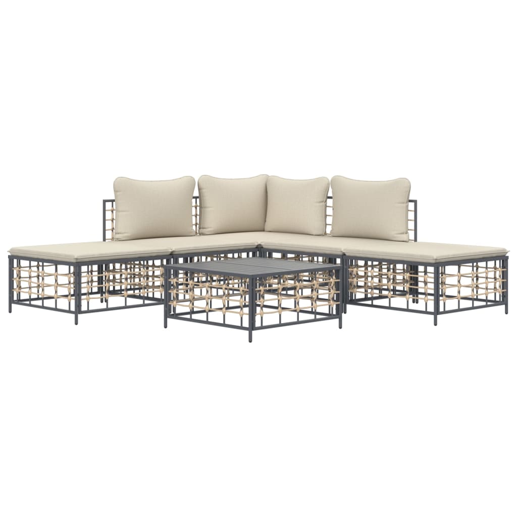 6-Delige Loungeset Met Kussens Poly Rattan Antracietkleurig Beige hoek + 2x midden + 2x voetensteun + Tafel