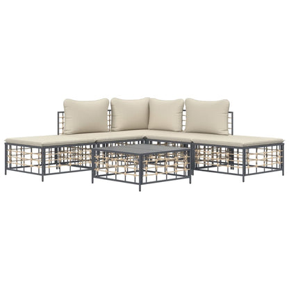 6-Delige Loungeset Met Kussens Poly Rattan Antracietkleurig Beige hoek + 2x midden + 2x voetensteun + Tafel