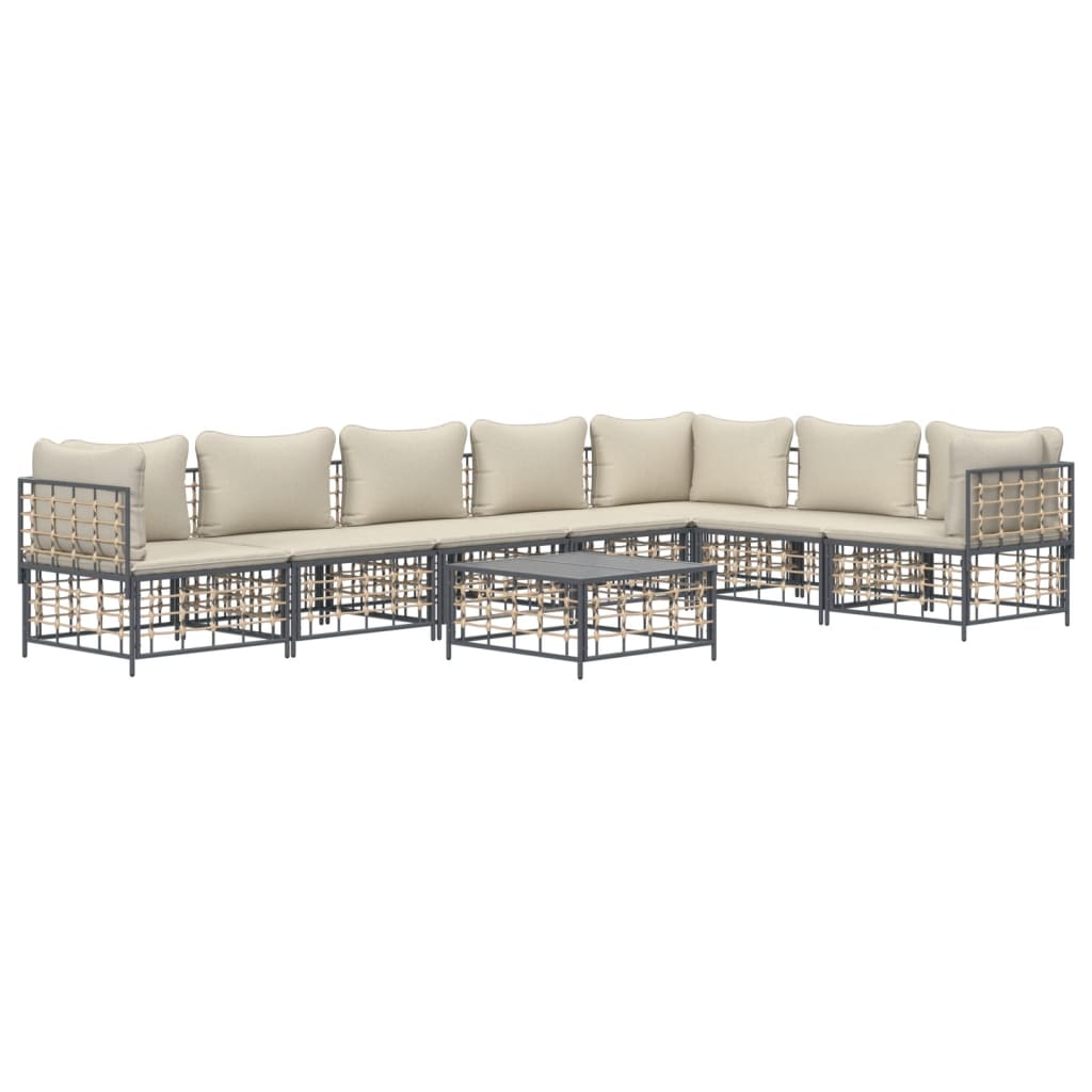 8-Delige Loungeset Met Kussens Poly Rattan Antracietkleurig Beige 3x hoek + 4x midden + Tafel