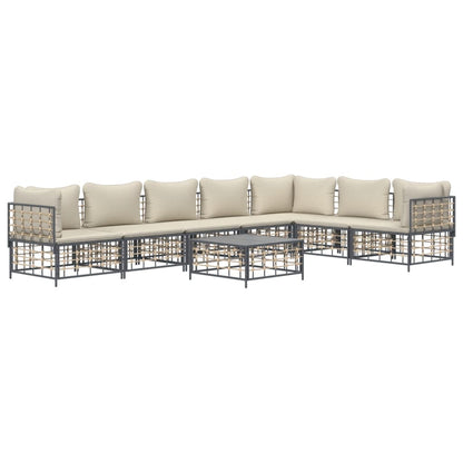 8-Delige Loungeset Met Kussens Poly Rattan Antracietkleurig Beige 3x hoek + 4x midden + Tafel