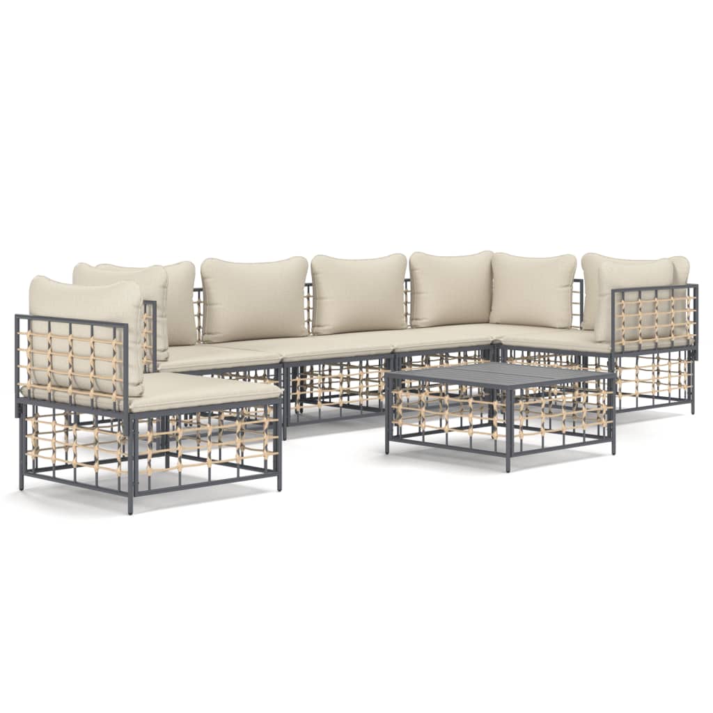 7-Delige Loungeset Met Kussens Poly Rattan Antracietkleurig Beige 3x hoek + 3x midden + Tafel