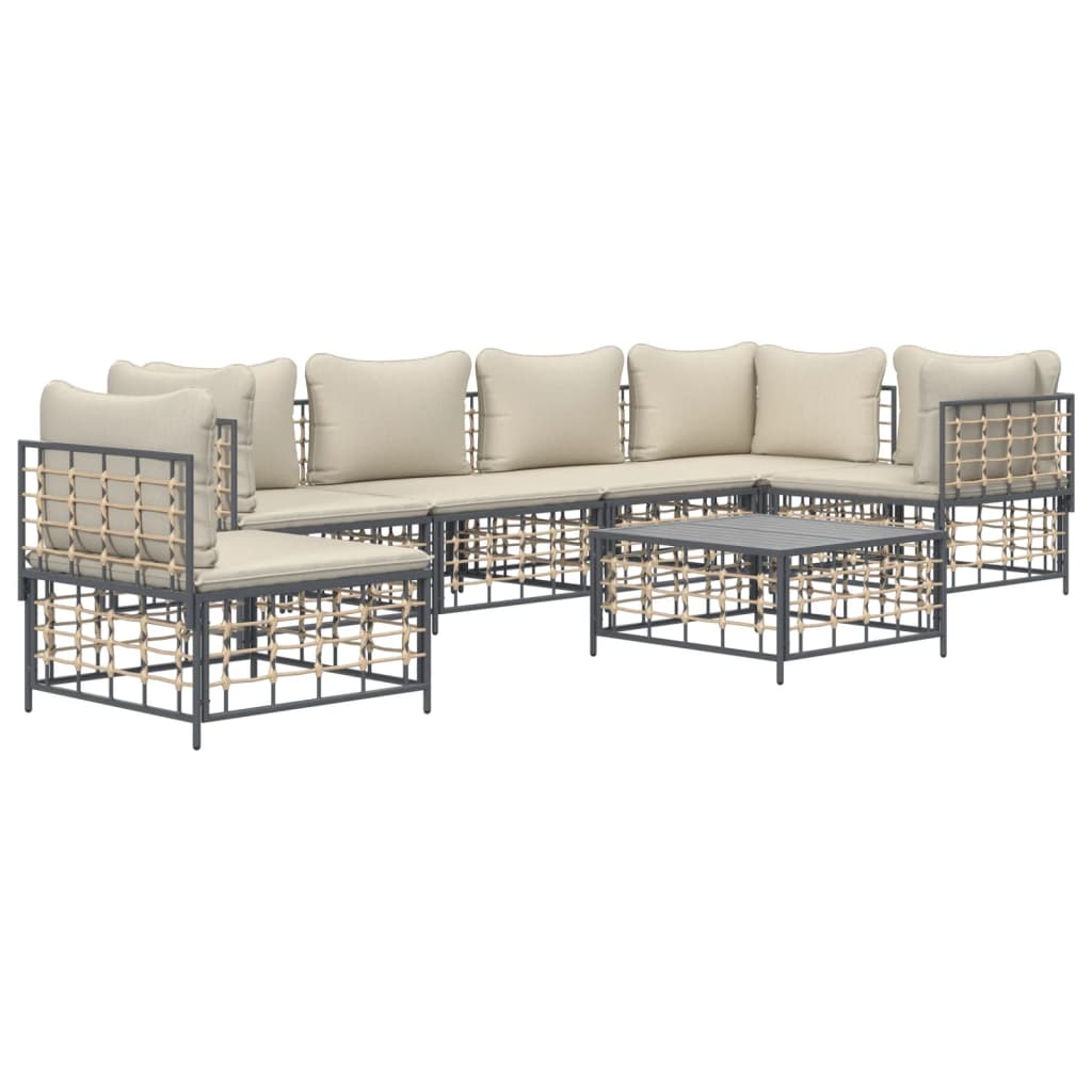 7-Delige Loungeset Met Kussens Poly Rattan Antracietkleurig Beige 3x hoek + 3x midden + Tafel