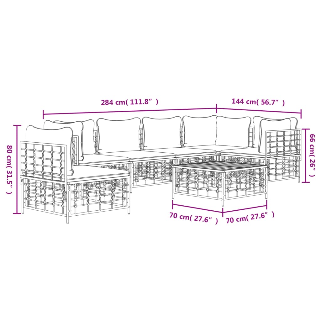 7-Delige Loungeset Met Kussens Poly Rattan Antracietkleurig Beige 3x hoek + 3x midden + Tafel