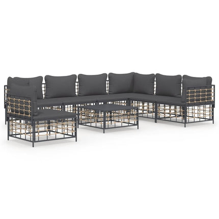 8-Delige Loungeset Met Kussens Poly Rattan Antracietkleurig Donkergrijs 3x hoek + 4x midden + Tafel