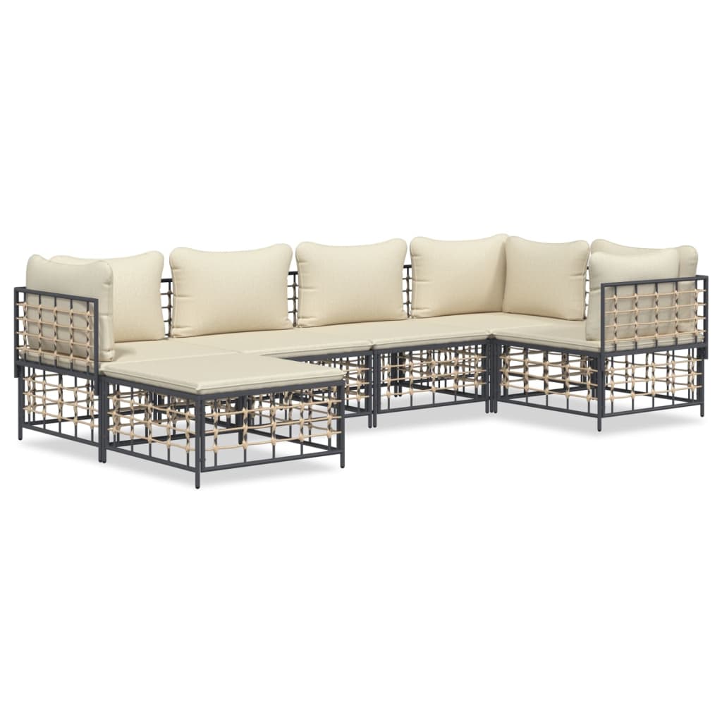 6-Delige Loungeset Met Kussens Poly Rattan Antracietkleurig Beige 3x hoek + 2x midden + voetensteun