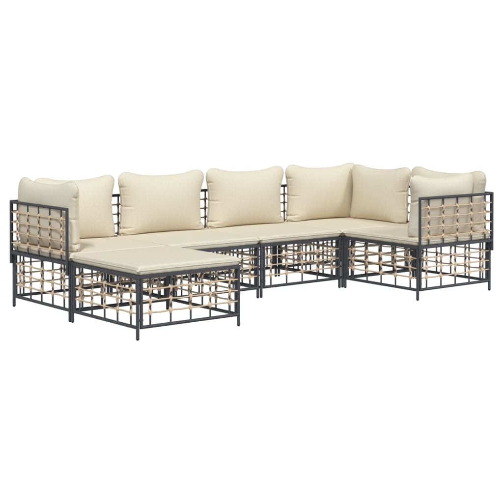 6-Delige Loungeset Met Kussens Poly Rattan Antracietkleurig Beige 3x hoek + 2x midden + voetensteun
