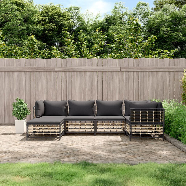 6-Delige Loungeset Met Kussens Poly Rattan Antracietkleurig Donkergrijs 3x hoek + 2x midden + voetensteun