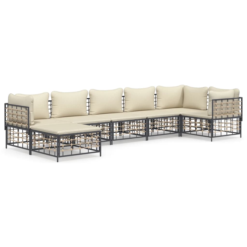 7-Delige Loungeset Met Kussens Poly Rattan Antracietkleurig Beige 3x hoek + 3x midden + voetensteun