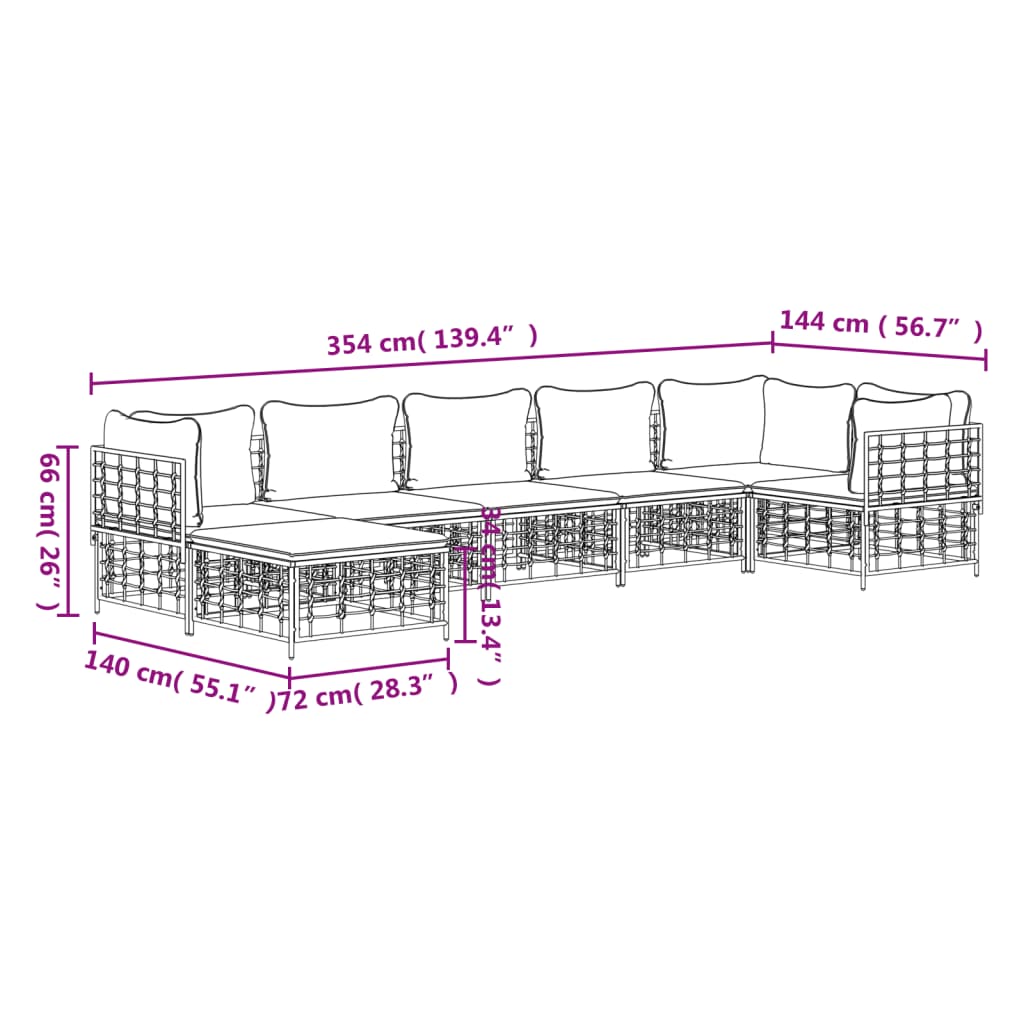 7-Delige Loungeset Met Kussens Poly Rattan Antracietkleurig Beige 3x hoek + 3x midden + voetensteun