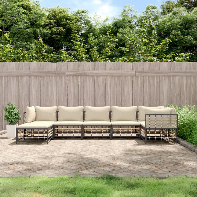 7-Delige Loungeset Met Kussens Poly Rattan Antracietkleurig Beige 3x hoek + 3x midden + voetensteun