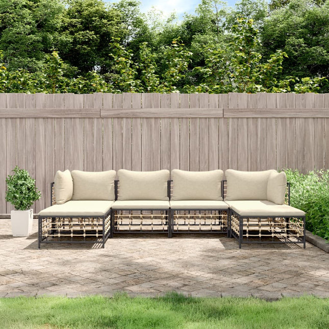 6-Delige Loungeset Met Kussens Poly Rattan Antracietkleurig Beige 2x hoek + 2x midden + 2x voetensteun