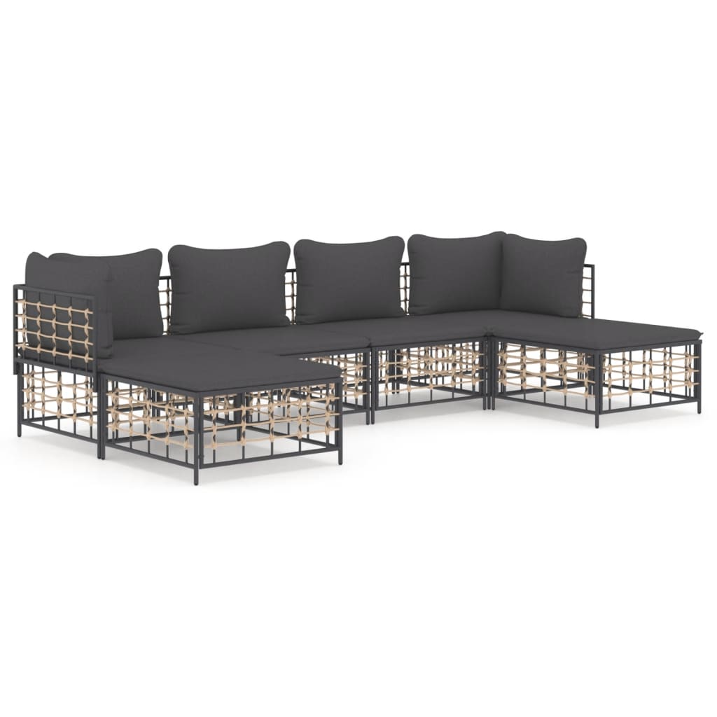 6-Delige Loungeset Met Kussens Poly Rattan Antracietkleurig Donkergrijs 2x hoek + 2x midden + 2x voetensteun