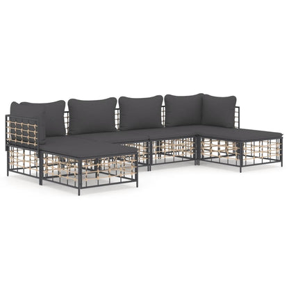 6-Delige Loungeset Met Kussens Poly Rattan Antracietkleurig Donkergrijs 2x hoek + 2x midden + 2x voetensteun