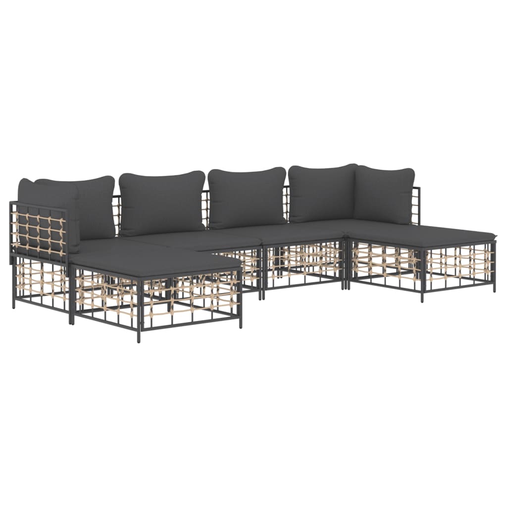 6-Delige Loungeset Met Kussens Poly Rattan Antracietkleurig Donkergrijs 2x hoek + 2x midden + 2x voetensteun