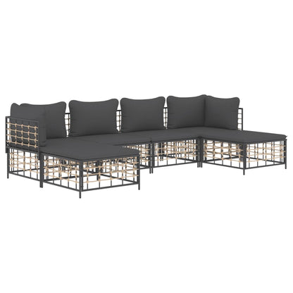 6-Delige Loungeset Met Kussens Poly Rattan Antracietkleurig Donkergrijs 2x hoek + 2x midden + 2x voetensteun