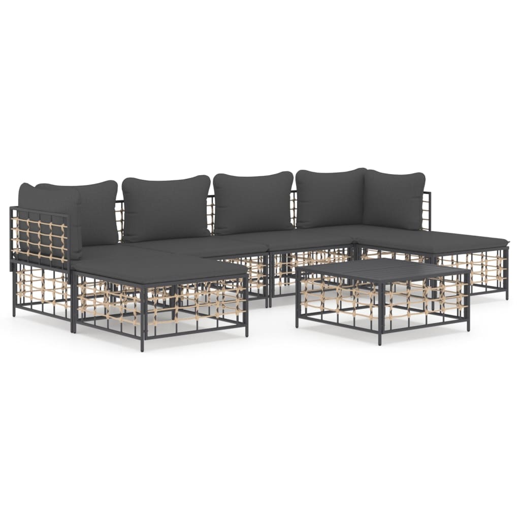 7-Delige Loungeset Met Kussens Poly Rattan Antracietkleurig Donkergrijs 2x hoek + 2x midden + 2x voetensteun + Tafel
