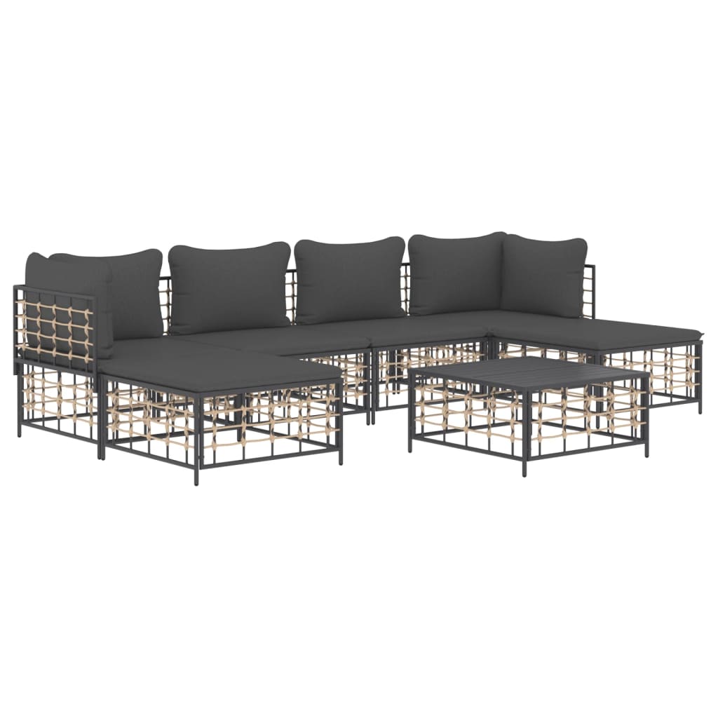7-Delige Loungeset Met Kussens Poly Rattan Antracietkleurig Donkergrijs 2x hoek + 2x midden + 2x voetensteun + Tafel