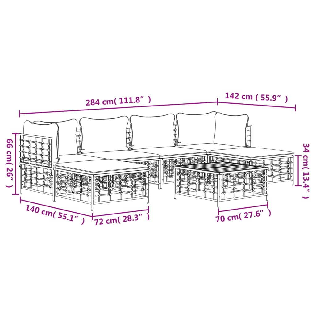 7-Delige Loungeset Met Kussens Poly Rattan Antracietkleurig Donkergrijs 2x hoek + 2x midden + 2x voetensteun + Tafel