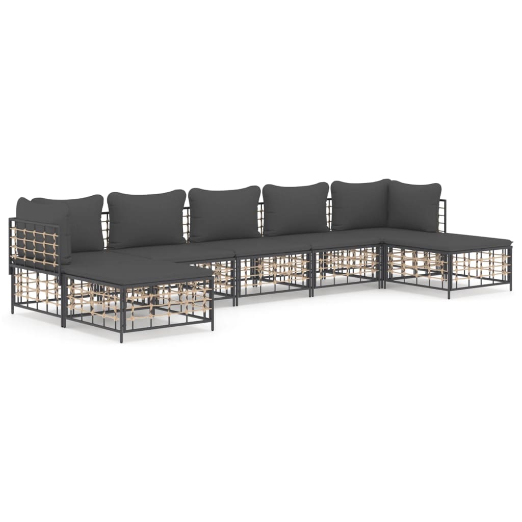 7-Delige Loungeset Met Kussens Poly Rattan Antracietkleurig Donkergrijs 2x hoek + 3x midden + 2x voetensteun