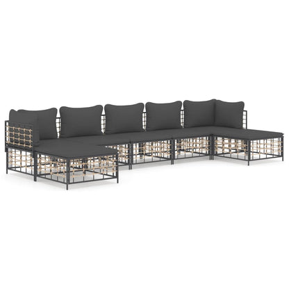 7-Delige Loungeset Met Kussens Poly Rattan Antracietkleurig Donkergrijs 2x hoek + 3x midden + 2x voetensteun