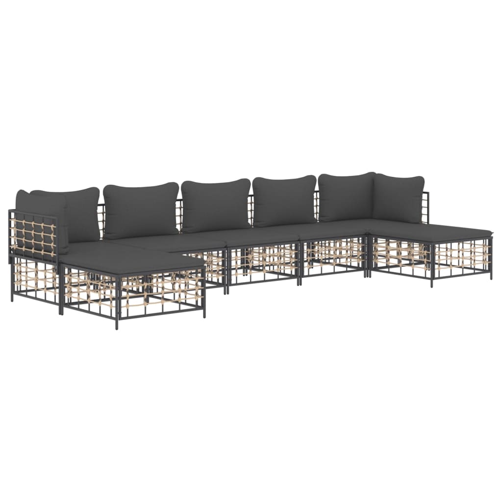 7-Delige Loungeset Met Kussens Poly Rattan Antracietkleurig Donkergrijs 2x hoek + 3x midden + 2x voetensteun
