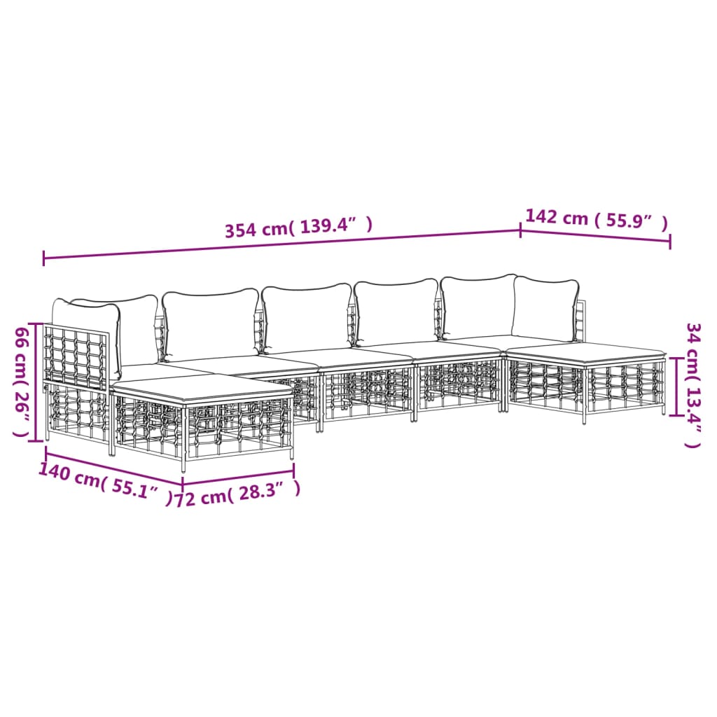 7-Delige Loungeset Met Kussens Poly Rattan Antracietkleurig Donkergrijs 2x hoek + 3x midden + 2x voetensteun