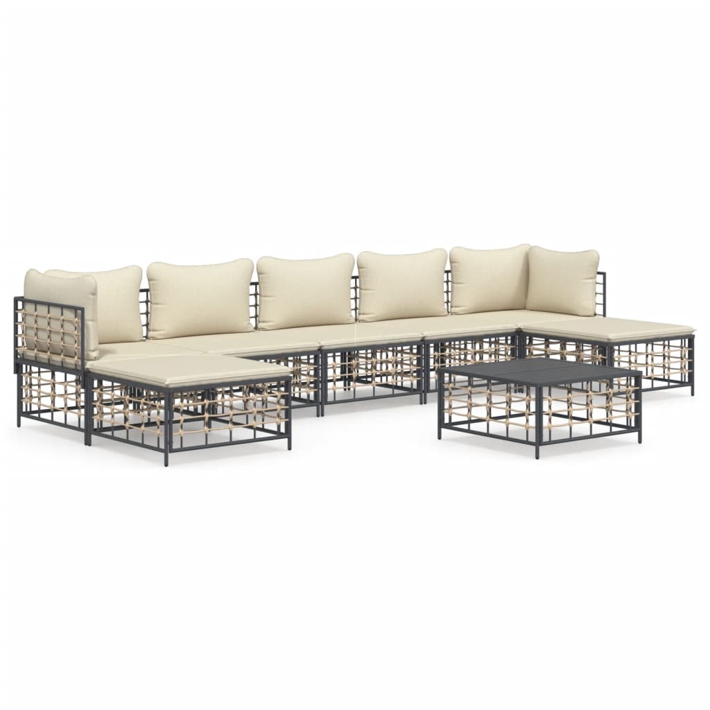 8-Delige Loungeset Met Kussens Poly Rattan Antracietkleurig Beige 2x hoek + 3x midden + 2x voetensteun + Tafel