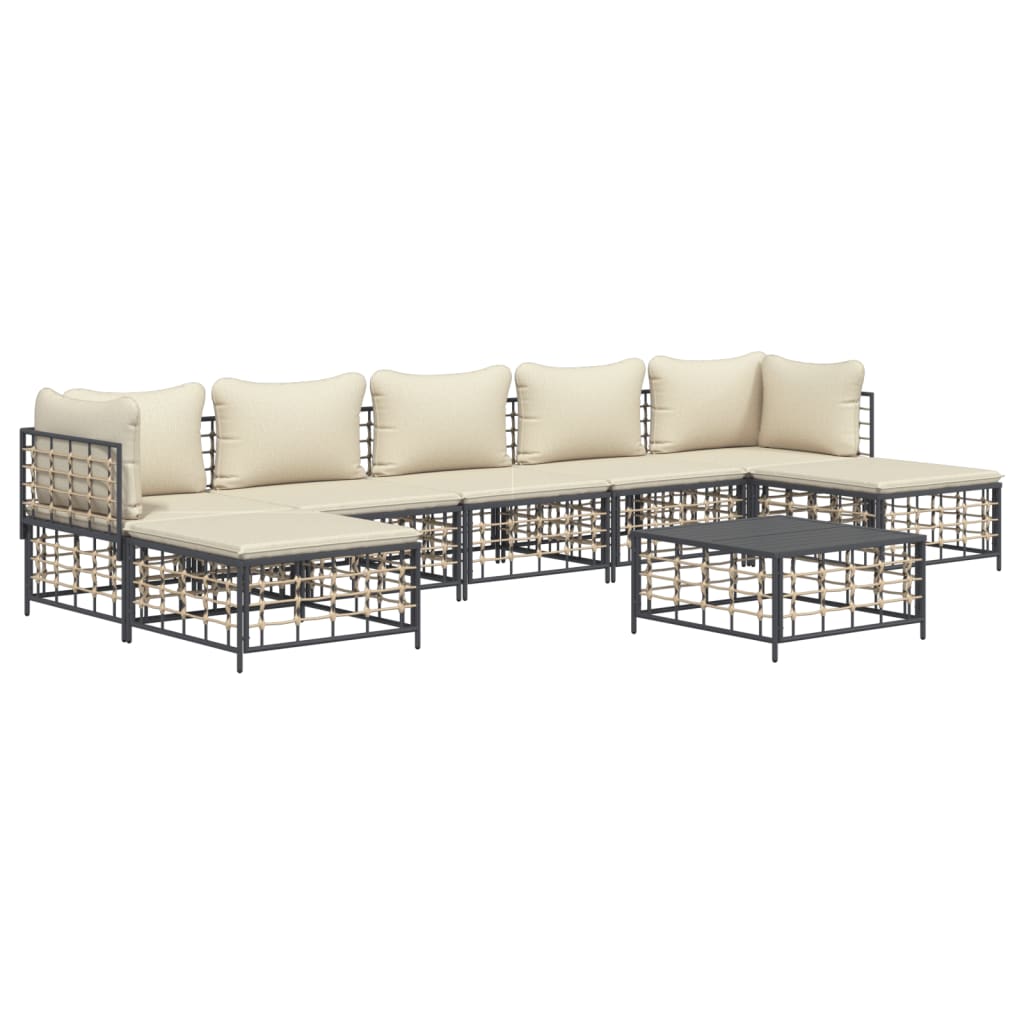 8-Delige Loungeset Met Kussens Poly Rattan Antracietkleurig Beige 2x hoek + 3x midden + 2x voetensteun + Tafel