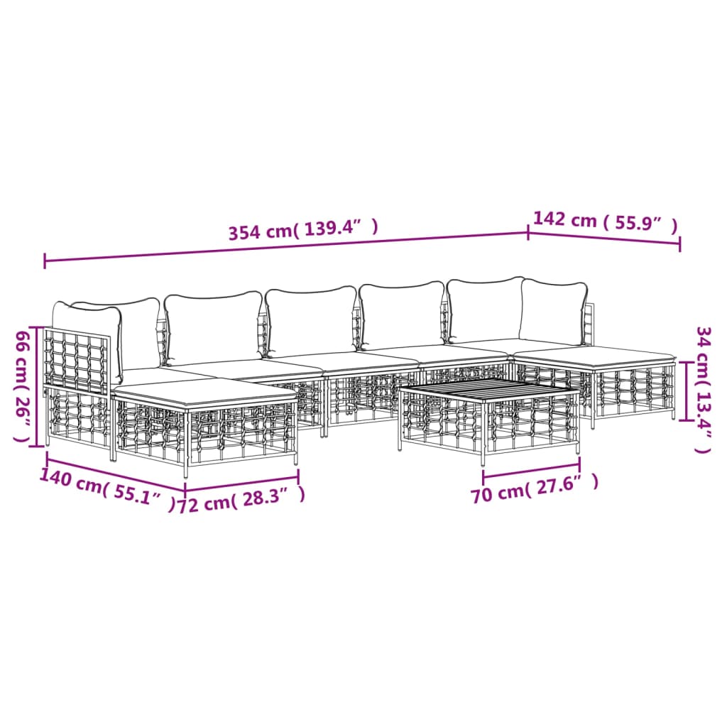 8-Delige Loungeset Met Kussens Poly Rattan Antracietkleurig Beige 2x hoek + 3x midden + 2x voetensteun + Tafel