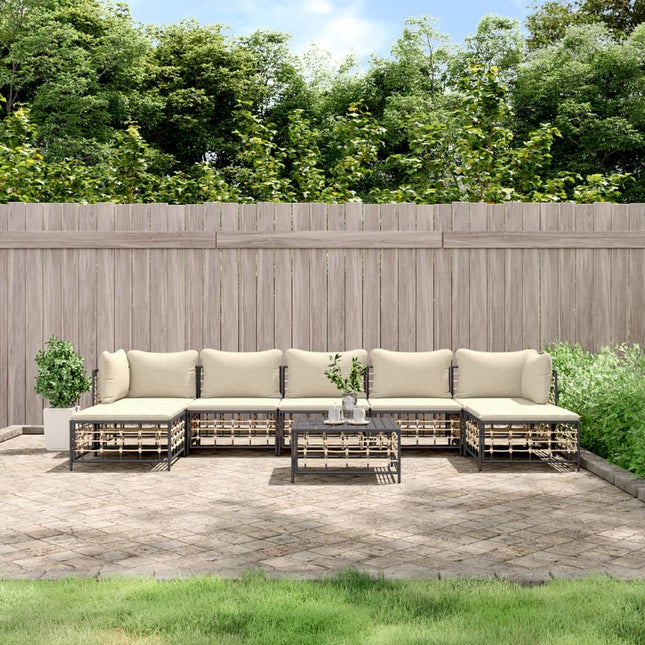 8-Delige Loungeset Met Kussens Poly Rattan Antracietkleurig Beige 2x hoek + 3x midden + 2x voetensteun + Tafel